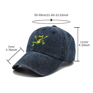 Navy blue washed denim baseball cap with green frog embroidery and size chart details