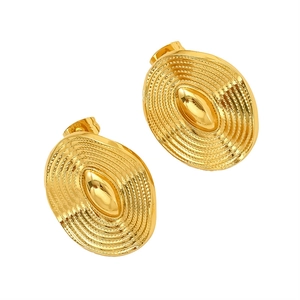 Vintage oval gold titanium steel stud earrings with embossed ripple texture surface