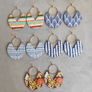 Bohemian Geometric Wooden Drop Earrings With Alloy And Steel Hook Printed Vintage Ethnic Style For Women