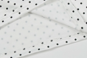 Detail shot of white polka dot dress hem showcasing precise stitching and knit fabric