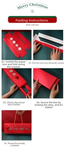 Detailed step-by-step assembly guide for a red Christmas window gift box with gold ropes