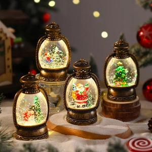 Set of four bronze vintage Christmas lanterns with Santa and glitter snow globe interior