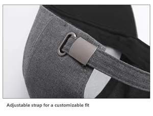 Detail of adjustable metal buckle and strap on back of grey business baseball cap