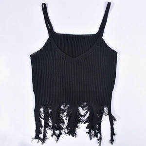 Detailed view of black knitted camisole with distressed tassel hem and V-neck design