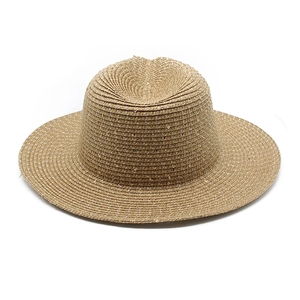 Macro detail of hand-woven straw sun hat featuring subtle gold sequins and wide flat brim