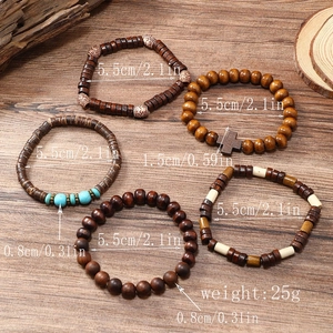 Retro multi-layer wooden bead bracelet set with cross pendant and turquoise accents