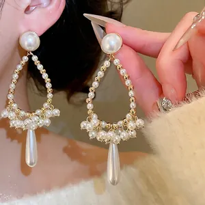 French Vintage Water Drop Artificial Pearl Dangle Earrings With Silver Earring Post Elegant Retro Luxury Style For Women