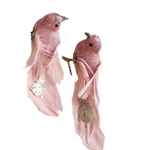 Set de dos pájaros rosas con purpurina y plumas naturales para decorar el árbol de Navidad