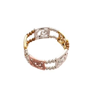 Three-tone stretch beaded bracelet featuring hollow square charms with spiral patterns