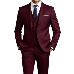Three-piece business casual suit for men in deep burgundy including blazer, vest, and trousers