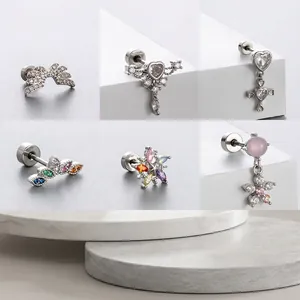 Titanium Steel Cartilage Stud Earrings Colorful Zircon Inlaid Heart Star Flower Piercing Jewelry For Women
