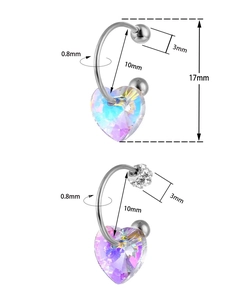 Detail of 0.8mm stainless steel nose stud with heart-shaped aurora crystal pendant