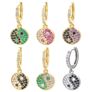 Yin Yang Tai Chi Drop Earrings Copper Gold Plated With Zircon Rhinestone Retro Geometric Dangle Hoops For Women