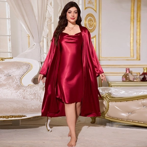 Luxurious burgundy satin sleepwear set with silk slip dress and long sleeve robe for women