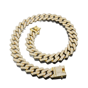 14mm golden Cuban link necklace with full white rhinestones and diamond-set clasp