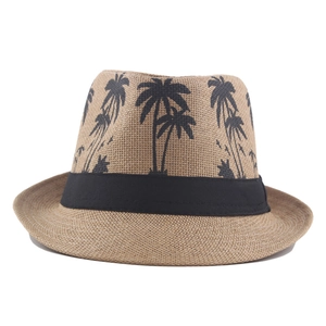 Men's palm tree print straw fedora hat with black ribbon for summer beach vacation