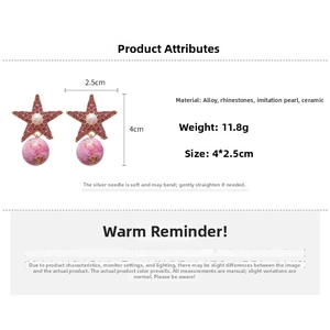 Pink star earrings with rhinestones, faux pearl, and ceramic beads, 4x2.5cm, weight 11.8g