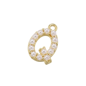 Detail of 18K gold-plated letter Q pendant featuring embedded pearls and top jump ring