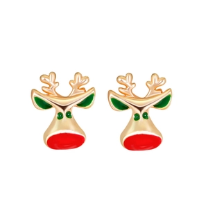 Festive Christmas reindeer stud earrings in gold with red and green enamel details