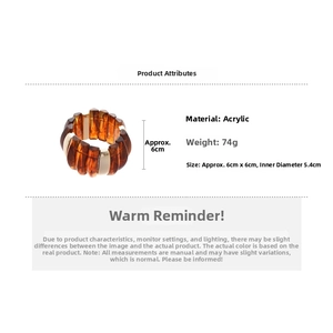 Detailed specs of amber acrylic link bracelet with 74g weight and 6cm diameter size