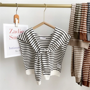 Knitted striped shawl with sailor collar and tie design for casual spring styling