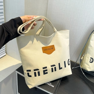 Large Capacity Canvas Tote Bag Women Casual Letter Print Shoulder Handbag For Commuting School With Leather Patch