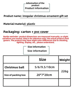 Detail view of 28PCS Christmas ornament set with box dimensions and sizes for holiday decor