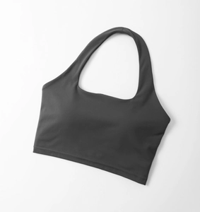 Close-up of charcoal grey halter-neck sports bra with high-elasticity quick-dry fabric