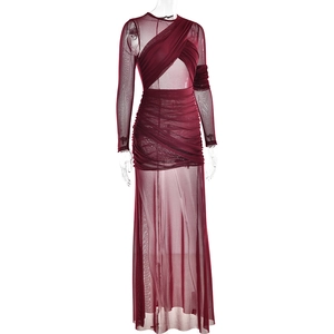Close-up of red sheer mesh dress featuring intricate ruching and hollow-out waist details