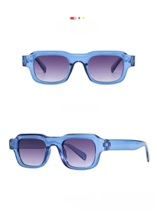 Front and side view of square sunglasses with C8 transparent blue frames and grey lenses