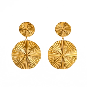 18k gold plated stainless steel drop earrings with pleated round discs for women