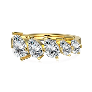 Exquisite S925 sterling silver golden ring featuring five teardrop shaped clear gemstones