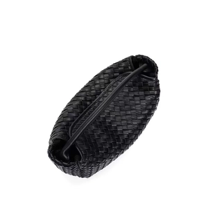 Detailed top view of a black woven leather mini bag with high-quality texture