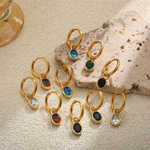 18K gold plated stainless steel oval gemstone earrings in various vibrant colors