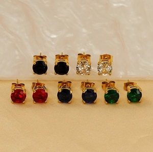 Close-up of 5-pair round zircon stud earrings set in 18k gold plated stainless steel