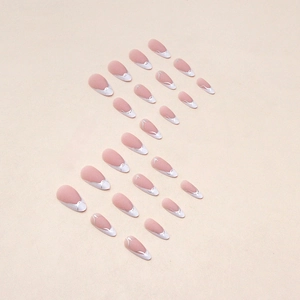 Minimalist white French press-on nails with silver line curves in long almond shape