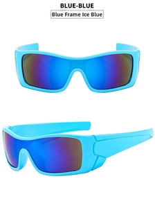Detail of blue wraparound sports sunglasses with mercury mirrored lenses for Y2K style