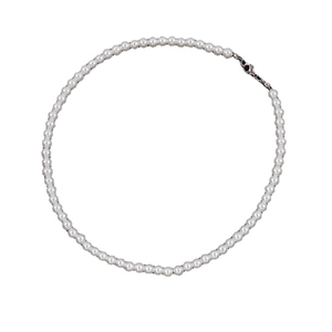 Classic silver-grey round pearl necklace with secure silver lobster clasp on white background