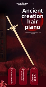 Macro detail of golden sword hair pin with intricate cloud patterns on red velvet
