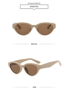 Vista frontale e laterale di occhiali da sole retrò cat-eye kaki con lenti marroni e aste larghe