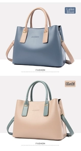 Detail view of large multi-layer patchwork leather handbags with metallic buckles