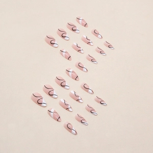 Unghie finte a mandorla con linee ondulate bianche nere e base rosa set 24 pezzi