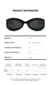 Detailed dimension guide showing frame width, lens height, and arm length of the sunglasses