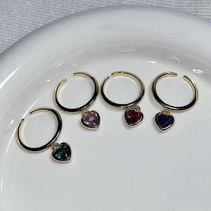 Adjustable gold plated open rings with colorful heart zircon pendants in four colors