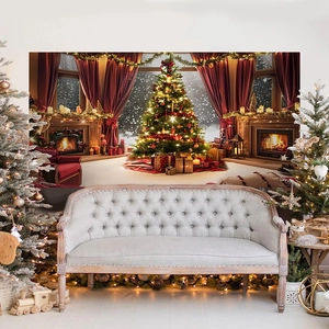Christmas photography backdrop with festive tree, fireplace and sofa scene for party decor