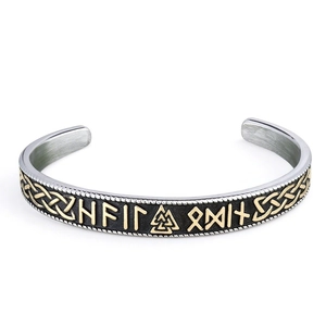 Viking cuff bracelet with Valknut symbol and gold Celtic knots on stainless steel