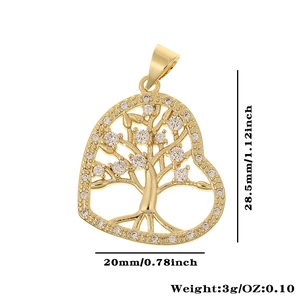 Detailed view of heart pendant with tree of life design including size measurements