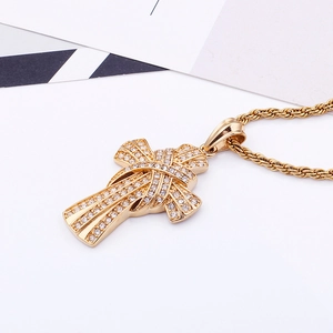 Hip hop gold stainless steel cross necklace with stones and ribbon wrap design