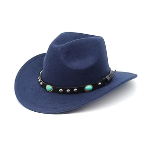 Detail of navy fedora hat with black leather band, silver studs and turquoise stones