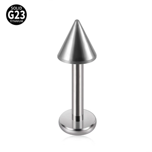 Professional silver G23 titanium labret piercing stud with cone top and flat disc base